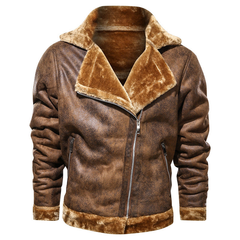 Winter lapel leather jacket plus velvet thick casual