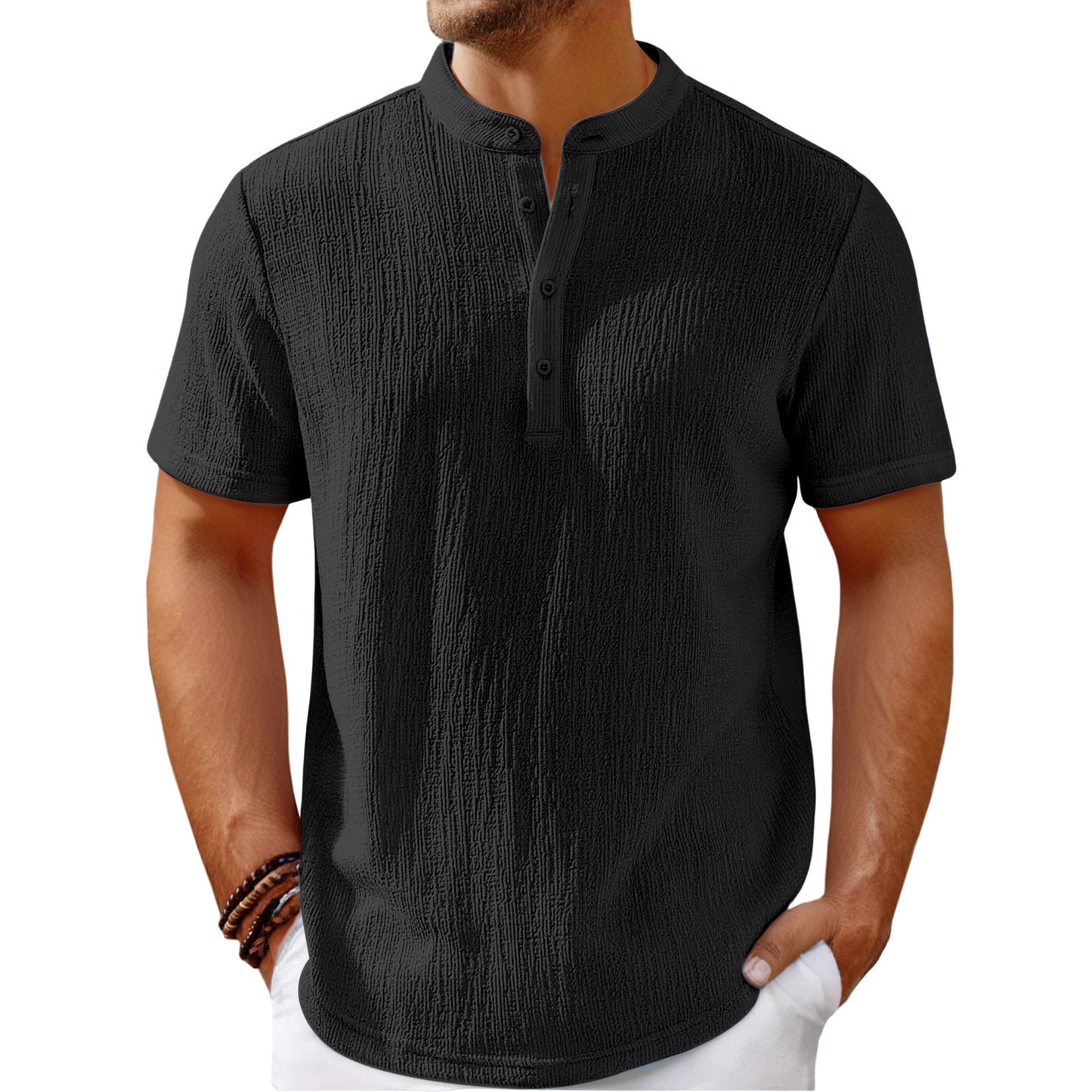 Men's Retro Cotton And Linen Stripes Henley Shirt Casual Loose Shirt