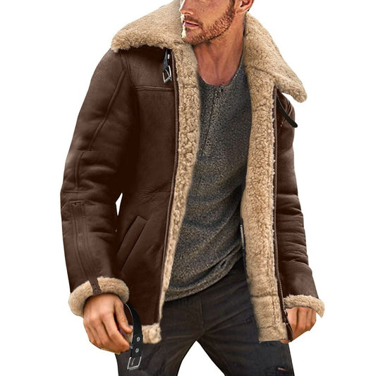 Winter Fur Integrated Thickened Zipper Faux Leather Men's Jacket