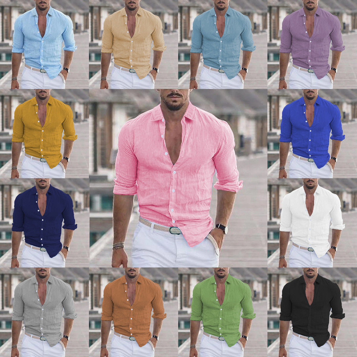 Men's Cotton And Linen Lapel Long Sleeve Solid Color Shirt
