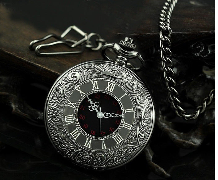 Large black classic Roman word double pocket watch Vintage necklace Men's and women's antique pocket watch