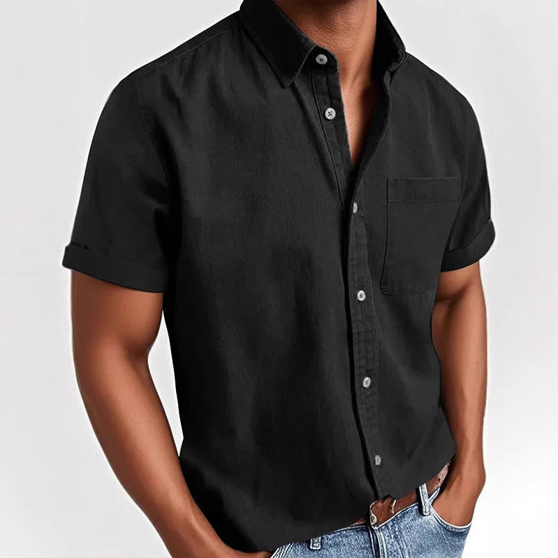 Polo Collar Solid Color Pocket Single-breasted Men's Short-sleeved Shirt