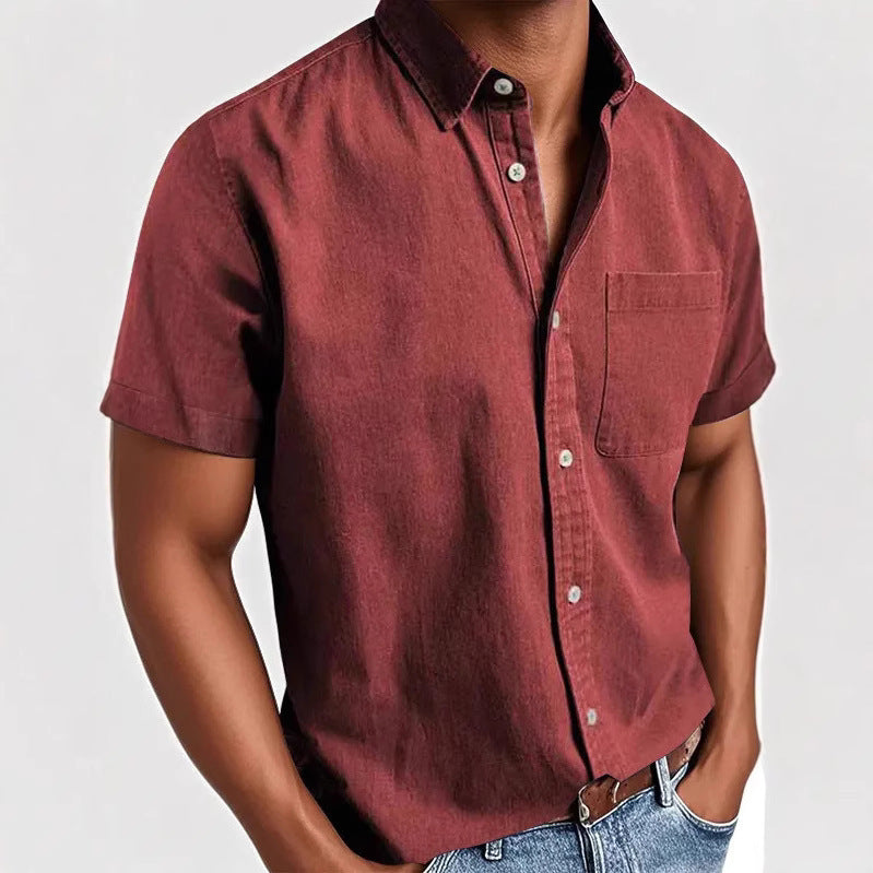 Polo Collar Solid Color Pocket Single-breasted Men's Short-sleeved Shirt