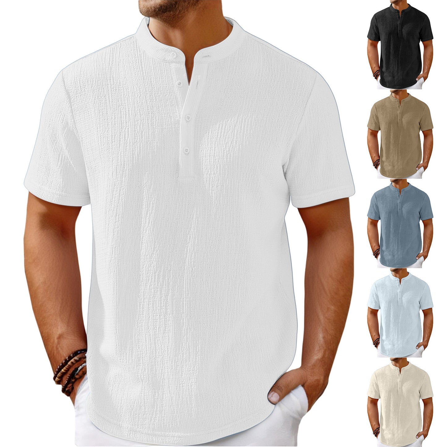 Men's Retro Cotton And Linen Stripes Henley Shirt Casual Loose Shirt