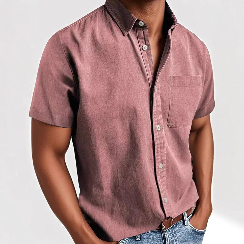 Polo Collar Solid Color Pocket Single-breasted Men's Short-sleeved Shirt