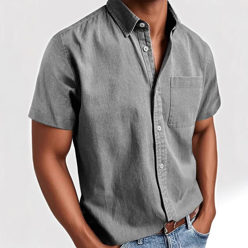 Polo Collar Solid Color Pocket Single-breasted Men's Short-sleeved Shirt