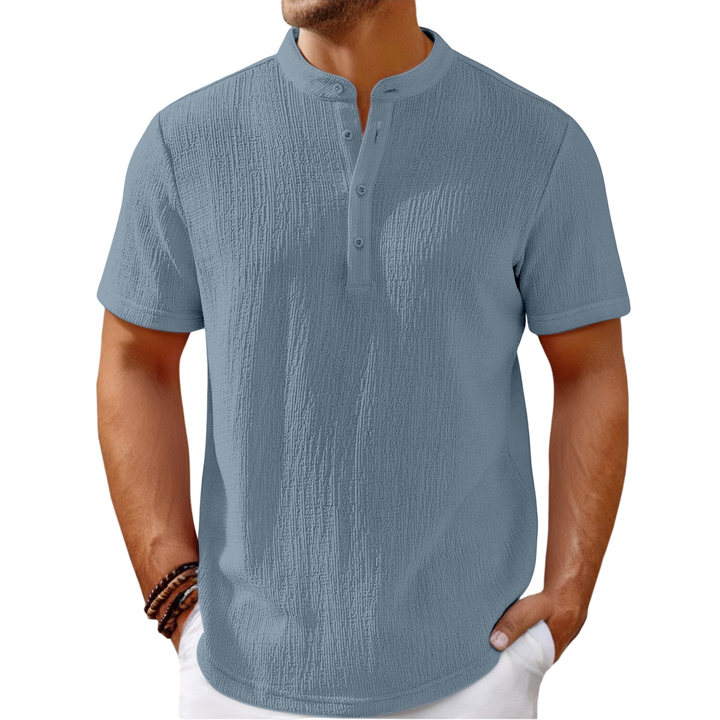 Men's Retro Cotton And Linen Stripes Henley Shirt Casual Loose Shirt