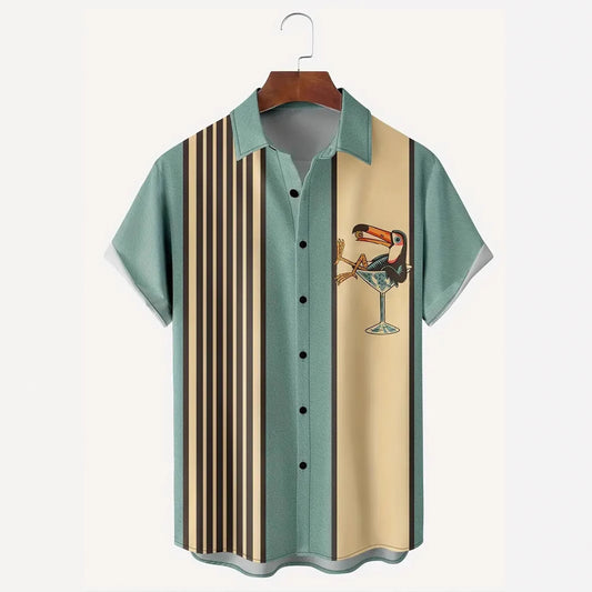 Hawaiian Shirt Striped Pattern Buckle Short Sleeve Men