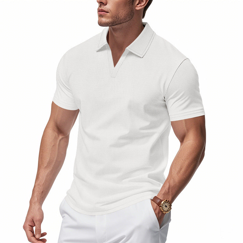 Summer Men's Loose Leisure Sports V-neck Waffle Short Sleeve Lapel Polo Shirt Men
