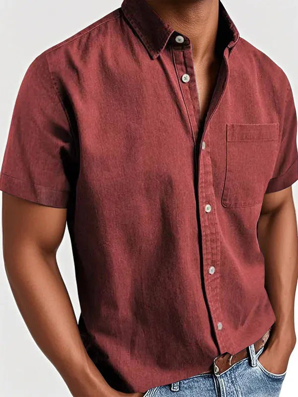 Polo Collar Solid Color Pocket Single-breasted Men's Short-sleeved Shirt