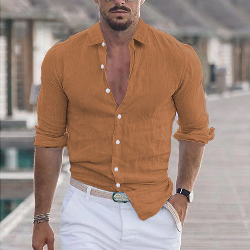Men's Cotton And Linen Lapel Long Sleeve Solid Color Shirt