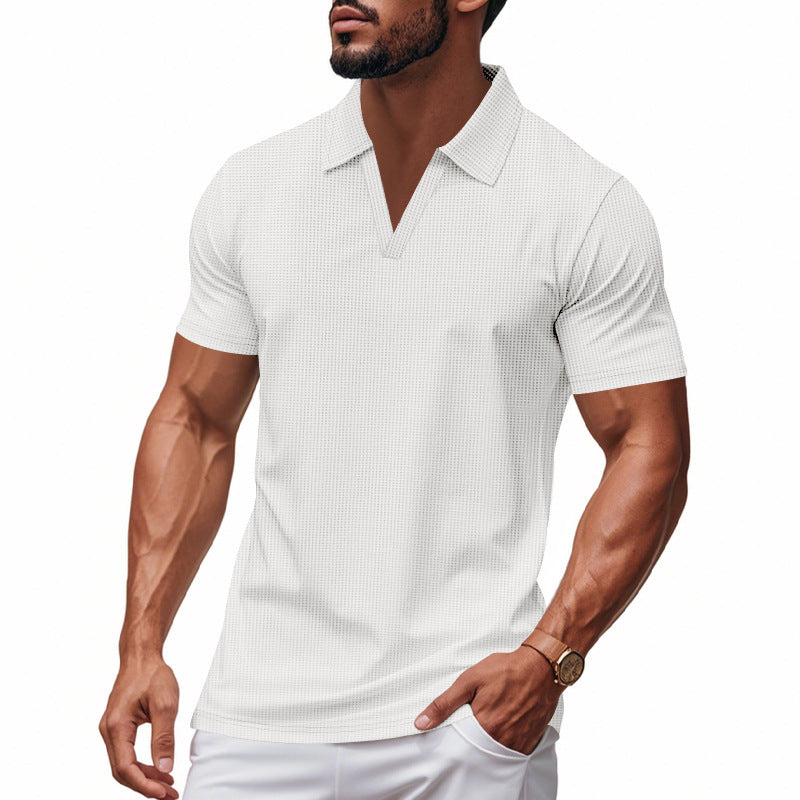 Summer Men's Loose Leisure Sports V-neck Waffle Short Sleeve Lapel Polo Shirt Men