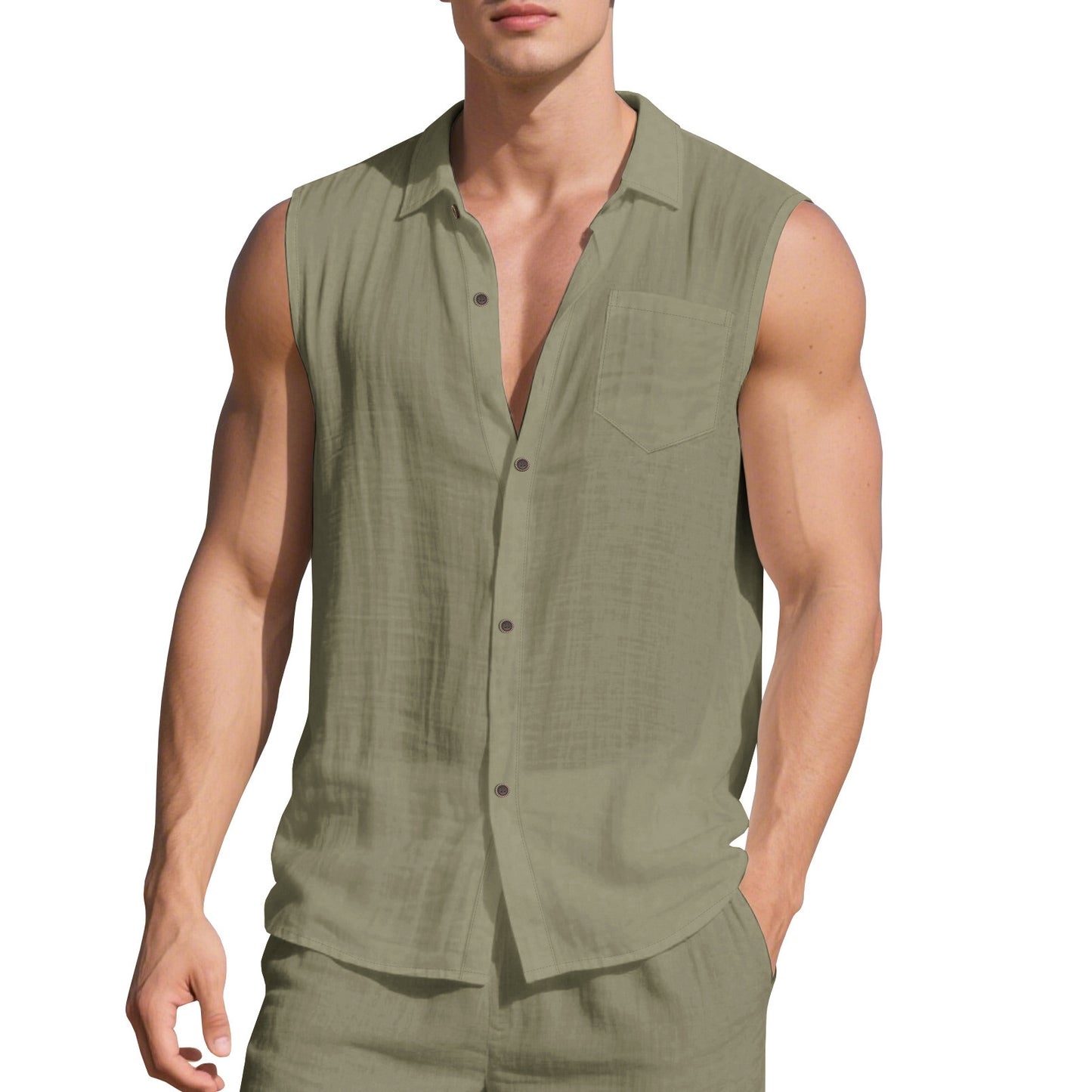 Sleeveless Linen Polo Collar Solid Color Cardigan Beach Shirt Vest